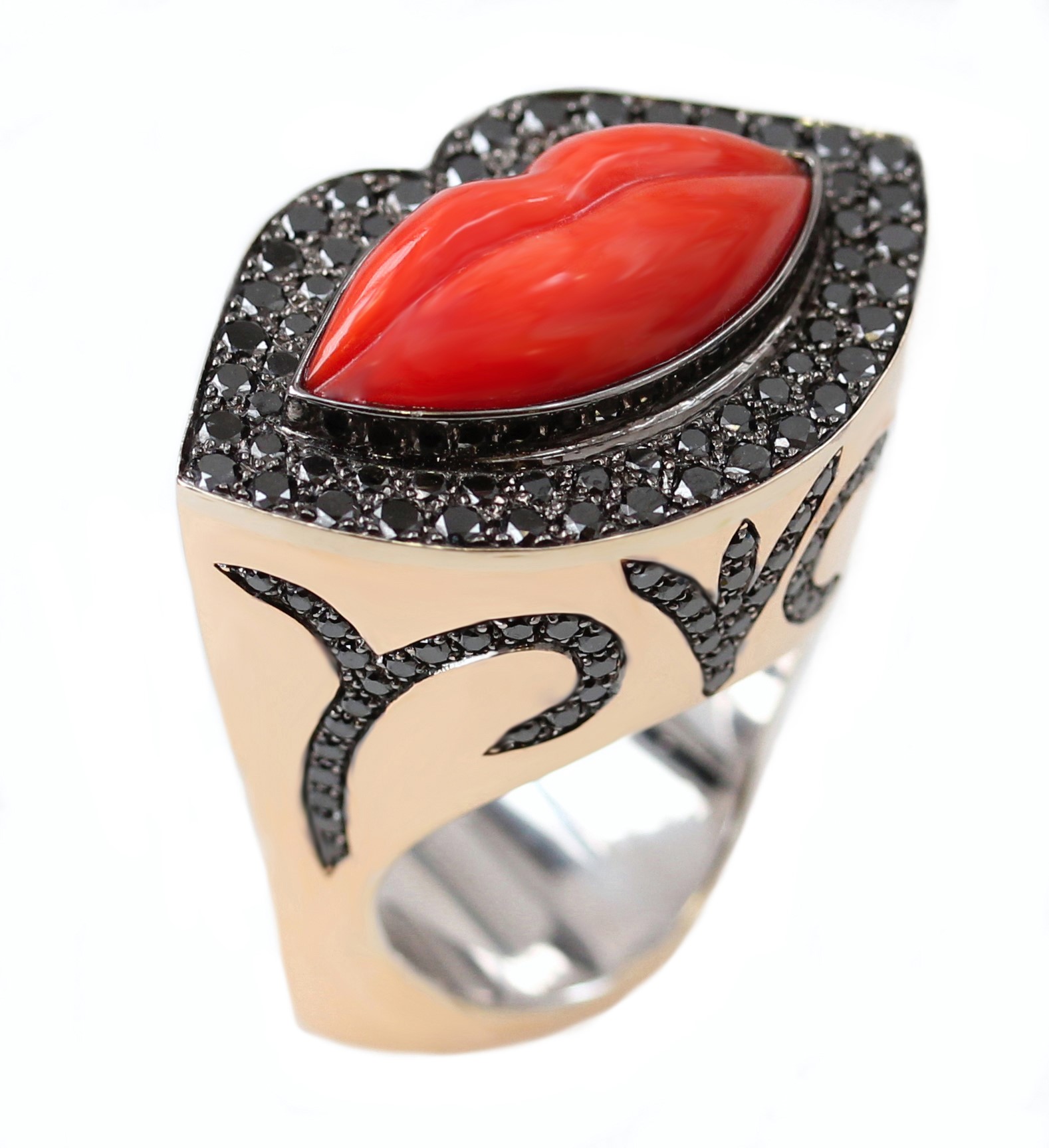 MAZBANI Lippen Ring18k RG mit schwarzen Brillanten3.88c.t mit Koralle