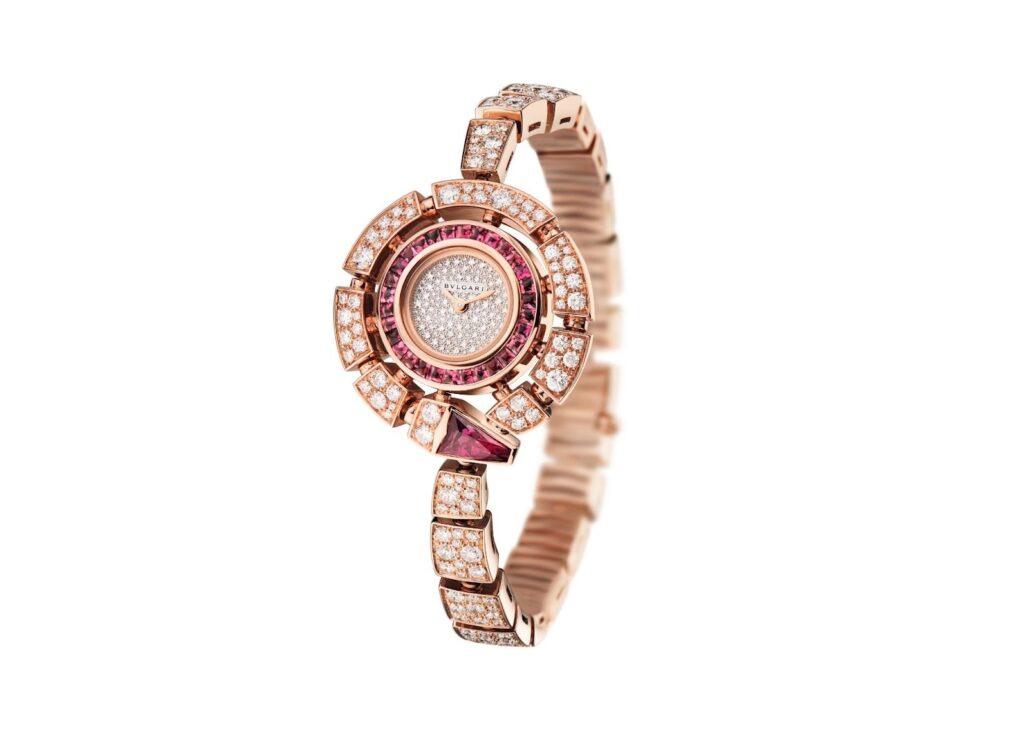 High Jewelry Serpenti Incantati Watch in Pink Gold Diamonds with Rubellites