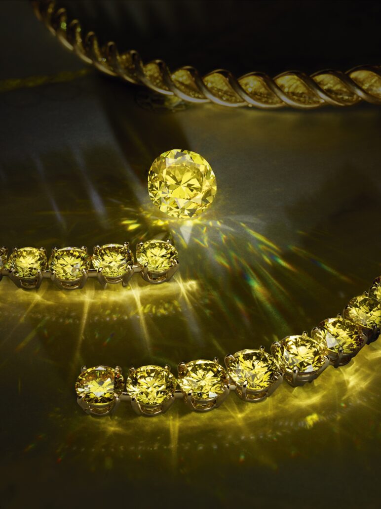 ETERNAL SUN NECKLACE Layout of 27 round cut yellow diamonds totaling 46.13 carats and an 14.00 carat round cut yellow diamond LOUIS VUITTON VIRTUOSITY HIGH JEWELRY ©Lazi 1