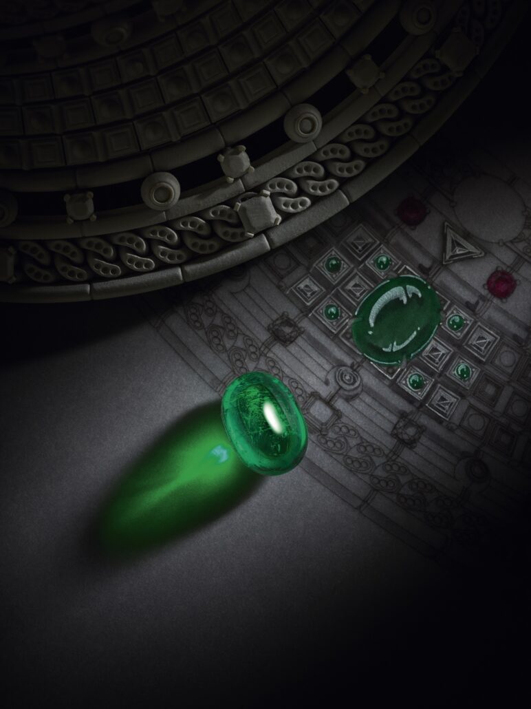 MONUMENTAL NECKLACE 12.84 carat emerald from Zambia on sketch with mock up LOUIS VUITTON VIRTUOSITY HIGH JEWELRY ©Laziz Hamani