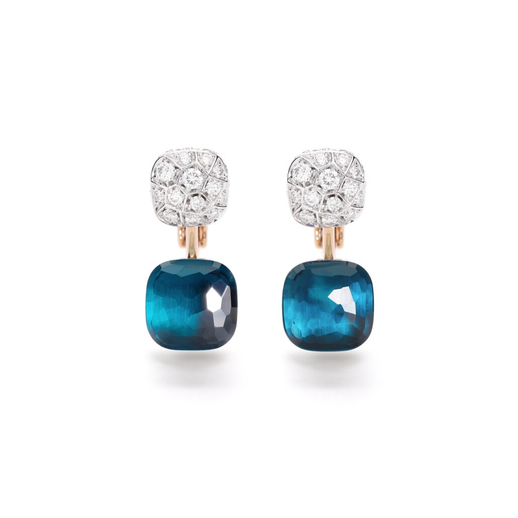 NUDO earrings in rose gold with diamonds and London blue topaz by Pomellato 2