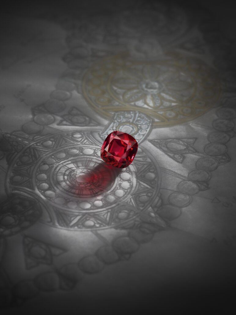 PROTECTION NECKLACE 6.06 carat ruby from Mozambique on sketch LOUIS VUITTON VIRTUOSITY HIGH JEWELRY ©Laziz Hamani