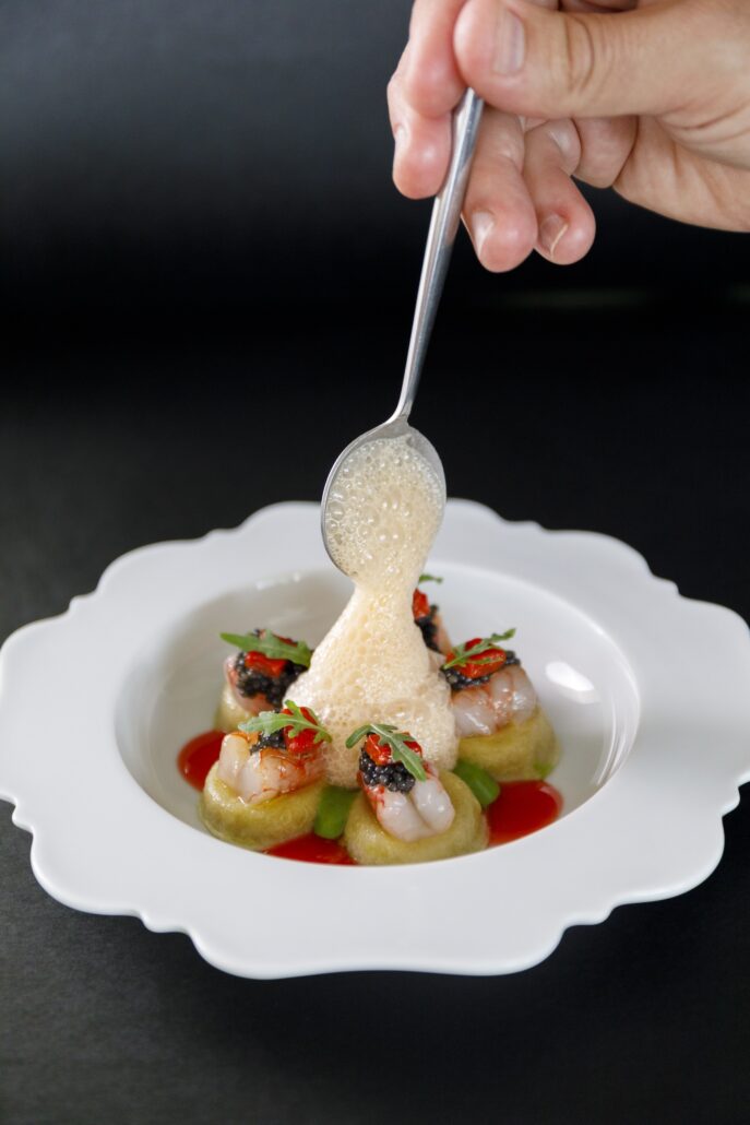 Valentino Cassanelli Purple prawn buttons beef marrow prickly pear and smoked caviar 1