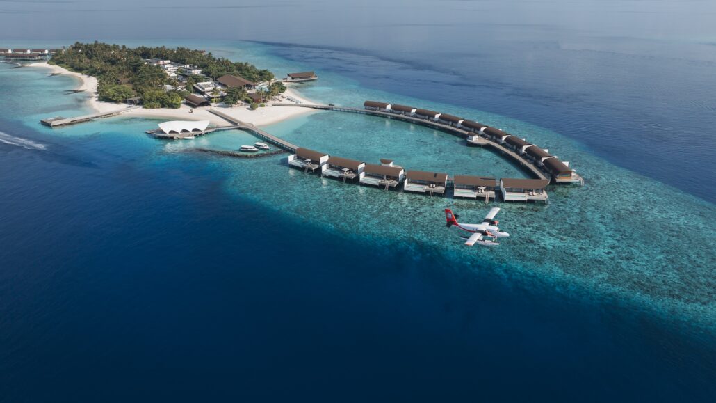 The Westin Maldives Miriandhoo Resort New Aerial with Seaplane