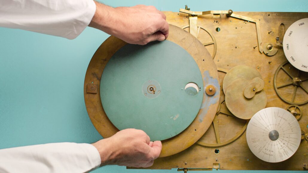 Disassembled movement components before restoration Moonphase disc @TiffanyCo